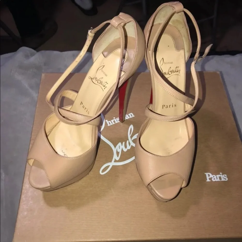 Christian Louboutin Nude Beige Platform Peep-Toe Ankle Strap Pumps